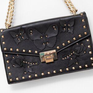 Mango Butterfly Embellished Crossbody Purse Sling Shoulder Envelope Black Gold